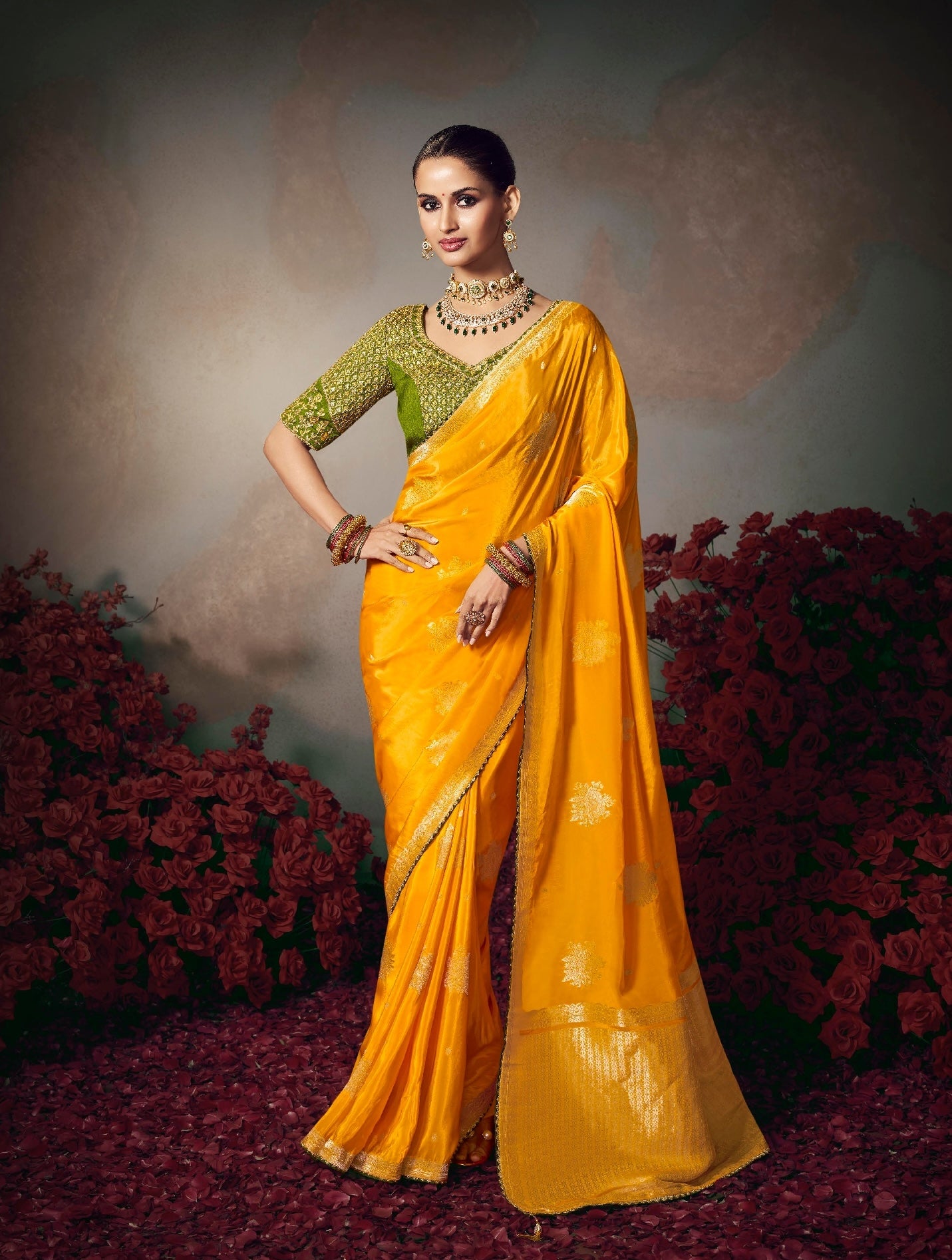 Mustard Yellow Designer Silk Readymade/Easy Saree