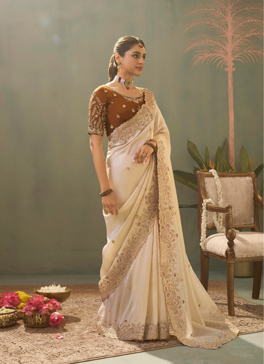 Ivory Designer Silk Readymade/Easy Saree