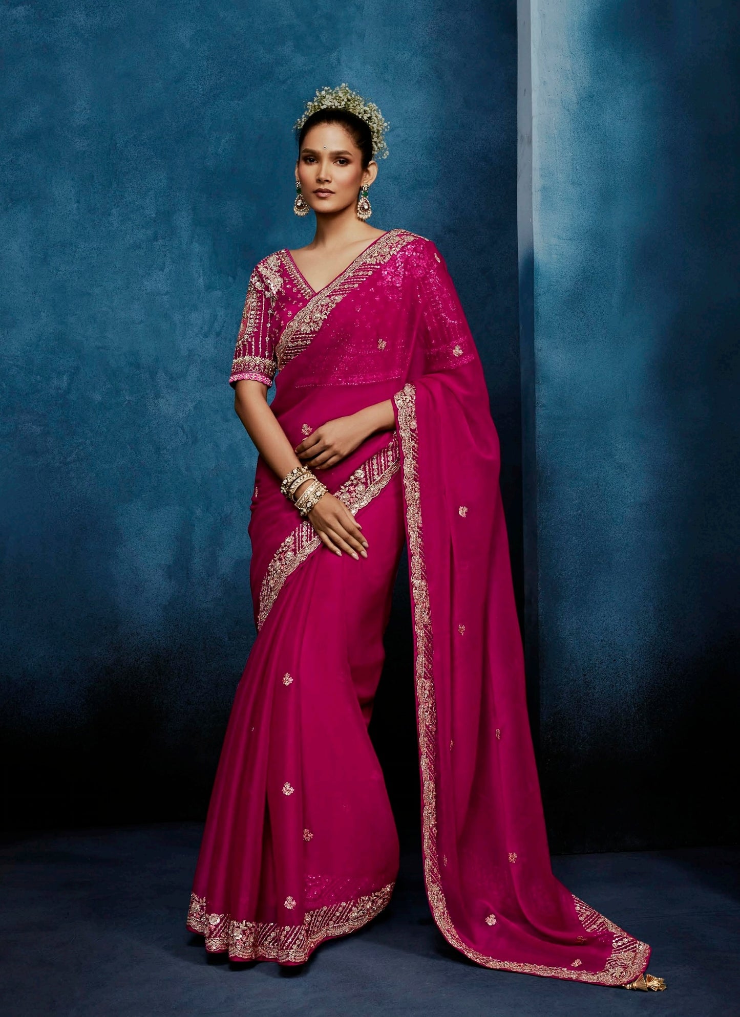 Deep Pink Tissue Silk Ready to wear/Easy Saree - Panaash Saree
