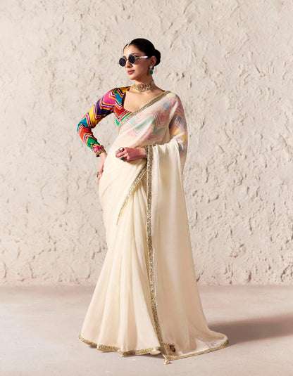 Off White Fancy Tissue Silk Ready to wear/Easy Saree - Panaash Saree