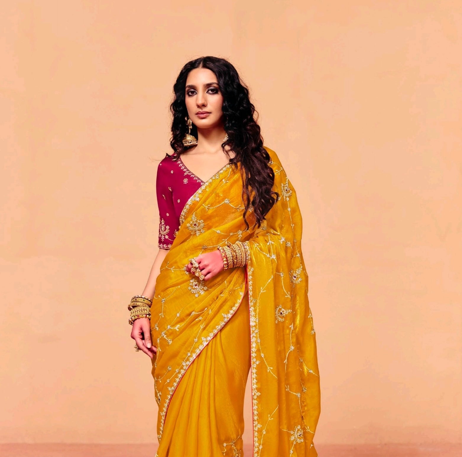 Mustard Yellow Tissue Silk Readymade/Easy Saree - Panaash Saree
