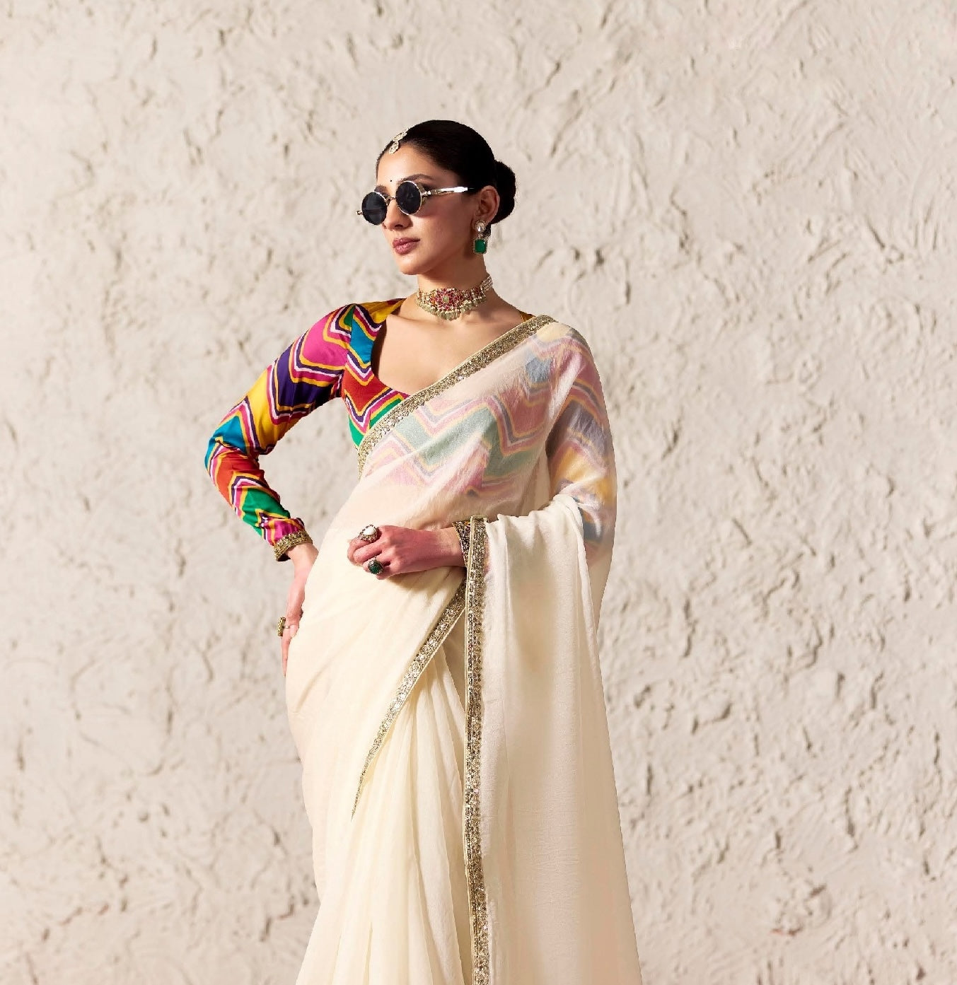 Off White Fancy Tissue Silk Ready to wear/Easy Saree - Panaash Saree