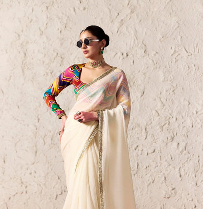 Off White Fancy Tissue Silk Ready to wear/Easy Saree - Panaash Saree