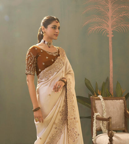 Ivory Designer Silk Readymade/Easy Saree