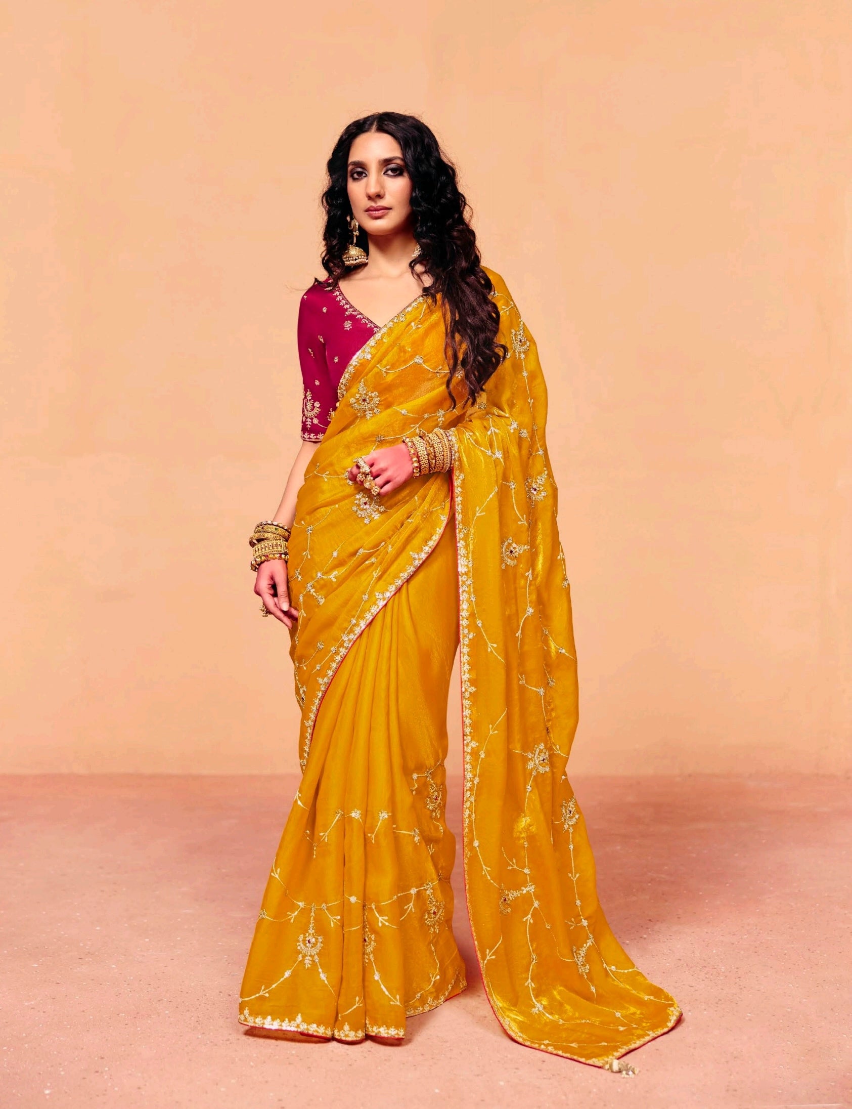 Mustard Yellow Tissue Silk Readymade/Easy Saree - Panaash Saree