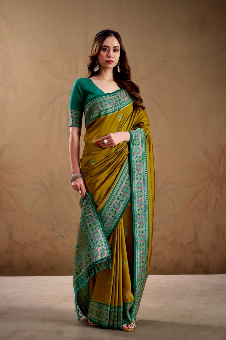Olive Yellow Soft Silk Kanjivaram Readymade/Easy Saree