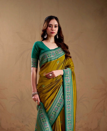 Olive Yellow Soft Silk Kanjivaram Readymade/Easy Saree