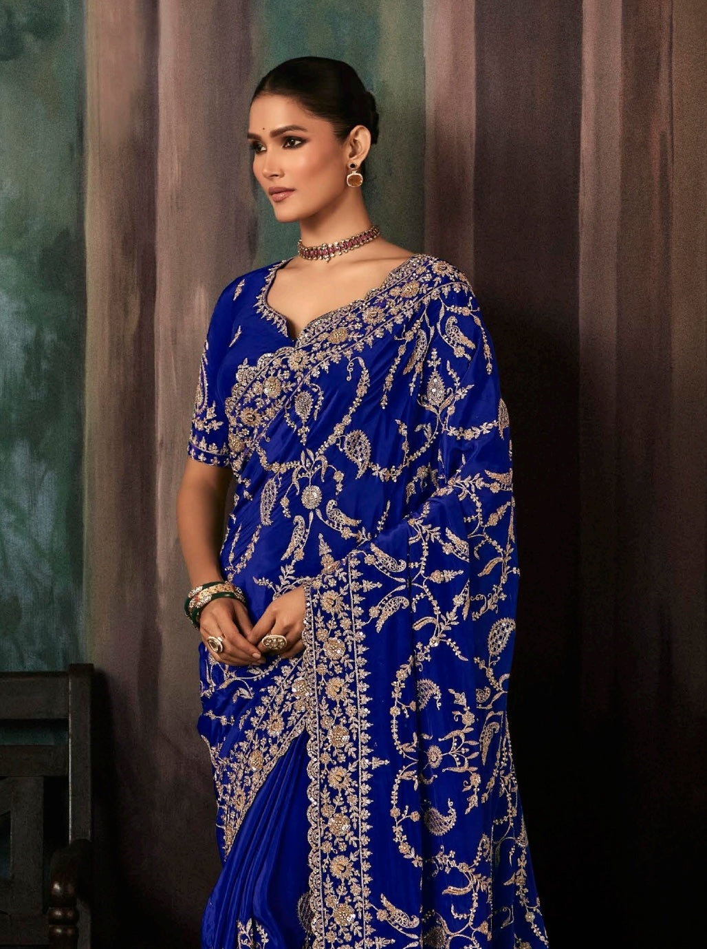 Royal Blue Embroidery Silk Readymade/Easy Saree