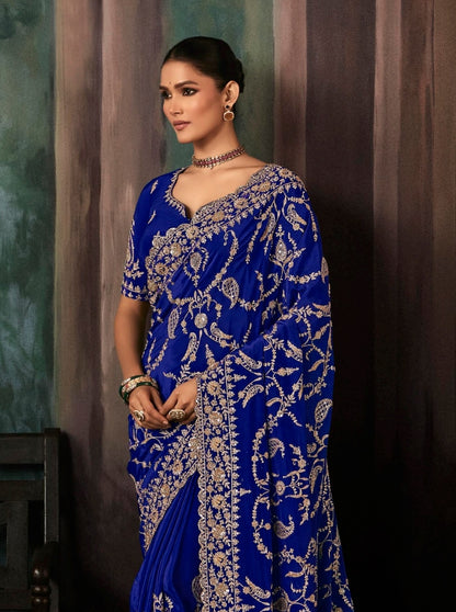 Royal Blue Embroidery Silk Readymade/Easy Saree