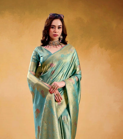 Sea Green Banarasi Silk Readymade/Easy Saree