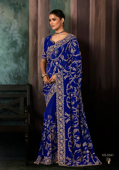 Royal Blue Embroidery Silk Readymade/Easy Saree