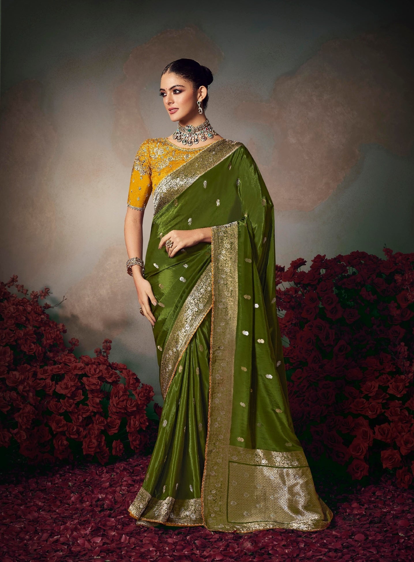 Olive Green Designer Silk Readymade/Easy Saree