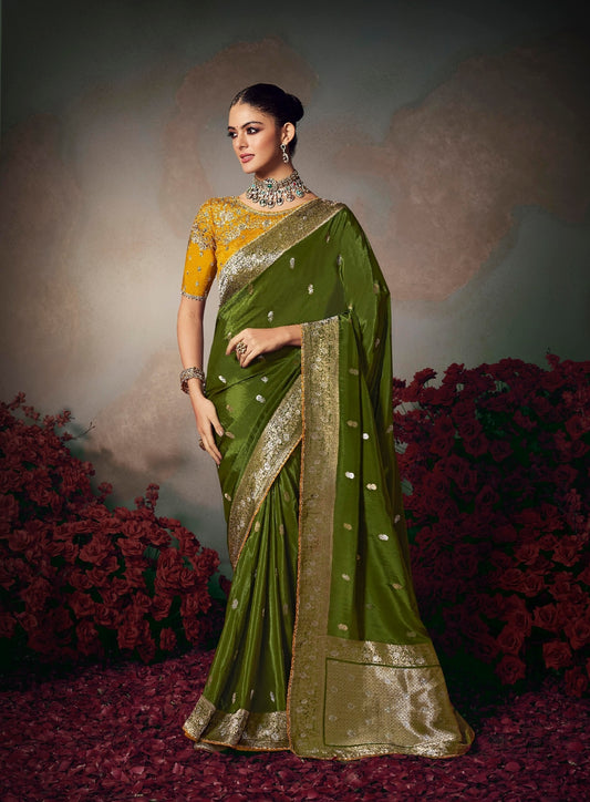 Olive Green Designer Silk Readymade/Easy Saree