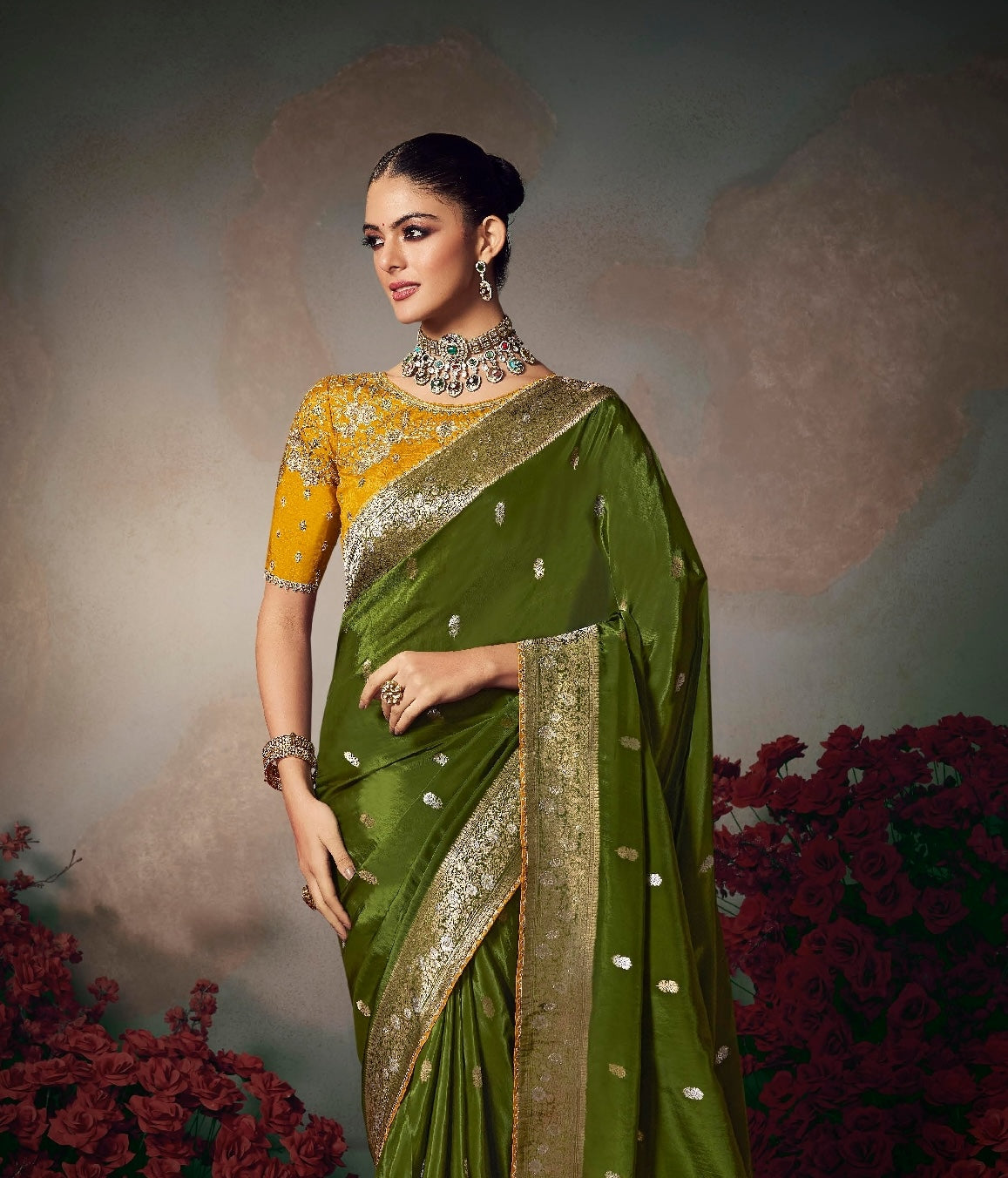 Olive Green Designer Silk Readymade/Easy Saree