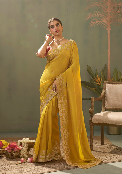 Mustard Yellow Designer Silk Readymade/Easy Saree
