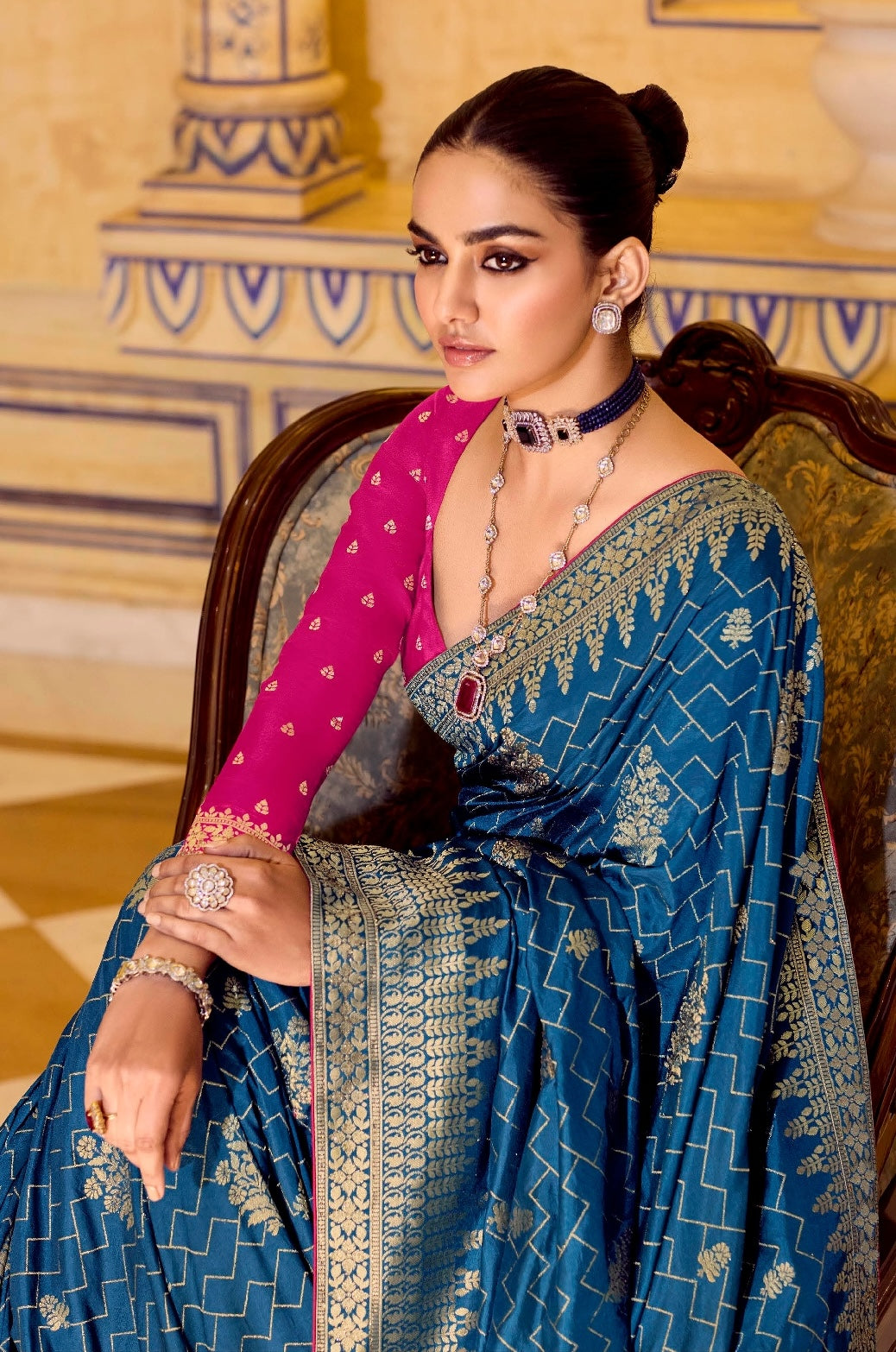 Blue Designer Silk Readymade/Easy Saree