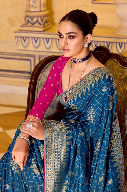 Blue Designer Silk Readymade/Easy Saree
