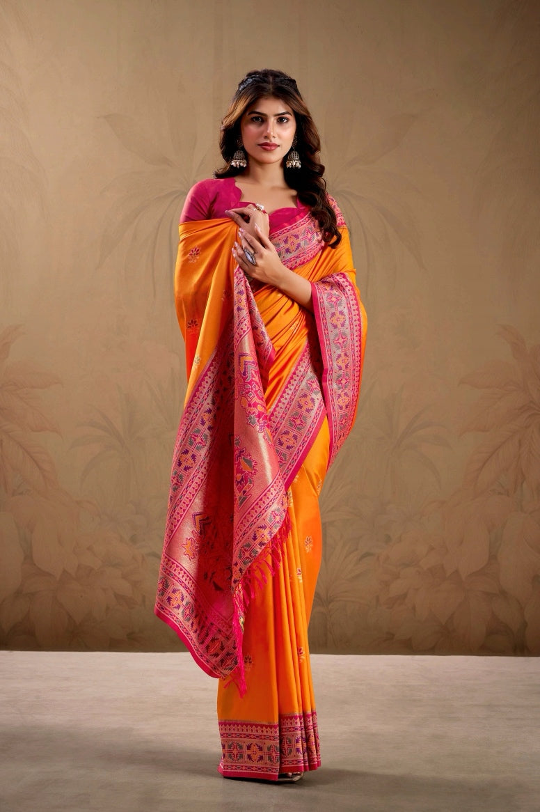 Orange Soft Silk Kanjivaram Readymade/Easy Saree