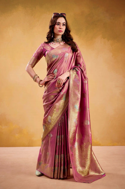 Wine Pink Banarasi Silk Readymade/Easy Saree