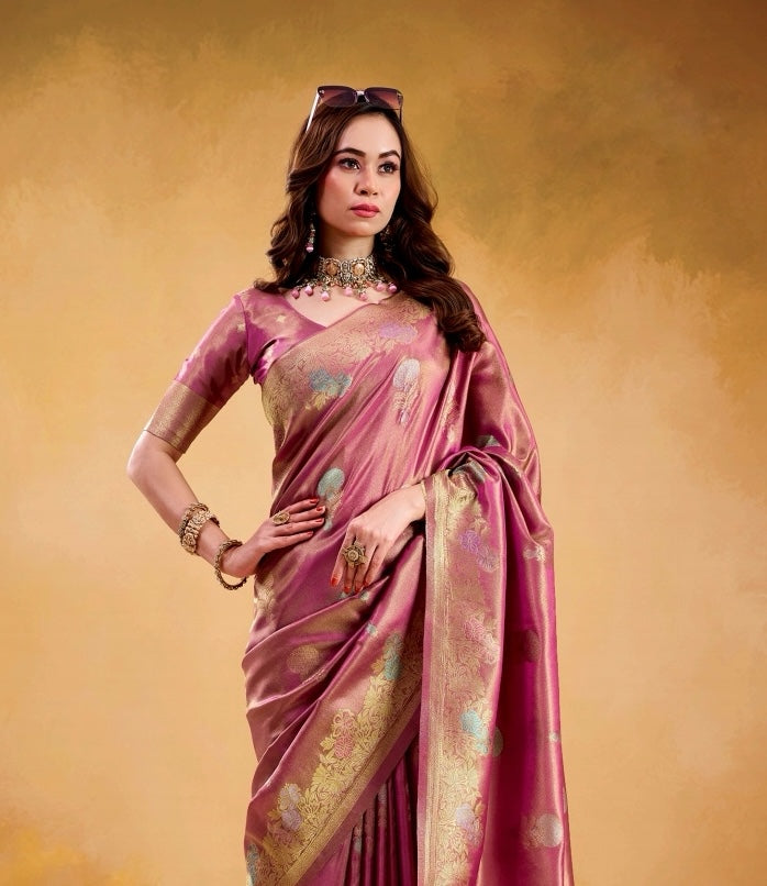 Wine Pink Banarasi Silk Readymade/Easy Saree