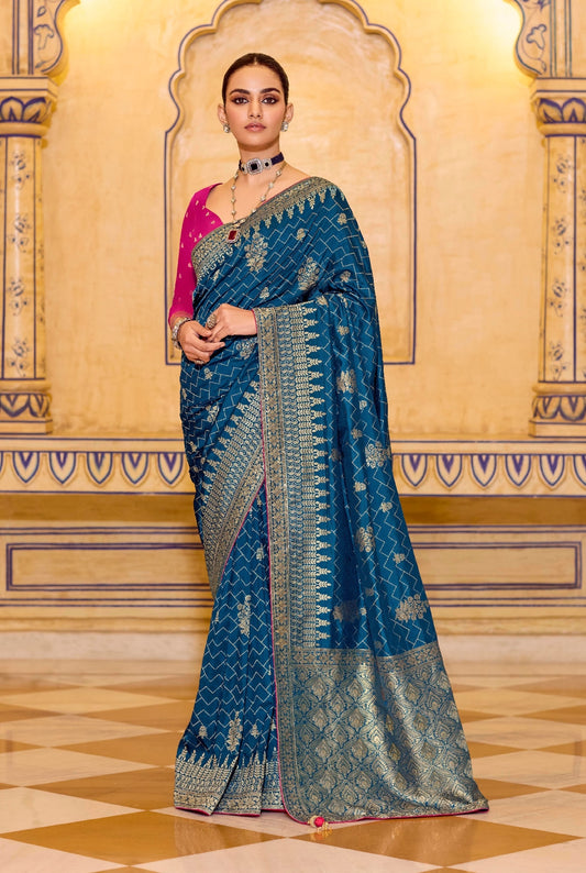 Blue Designer Silk Readymade/Easy Saree