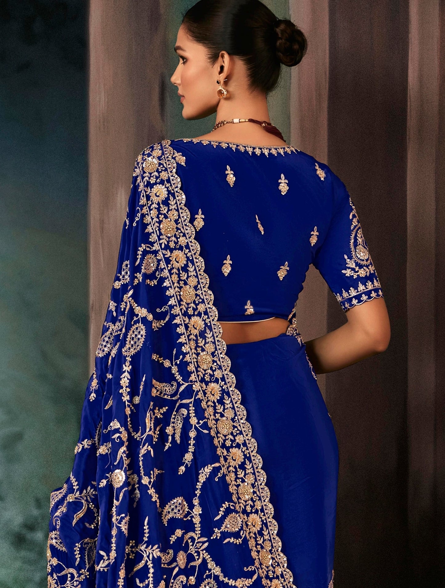 Royal Blue Embroidery Silk Readymade/Easy Saree