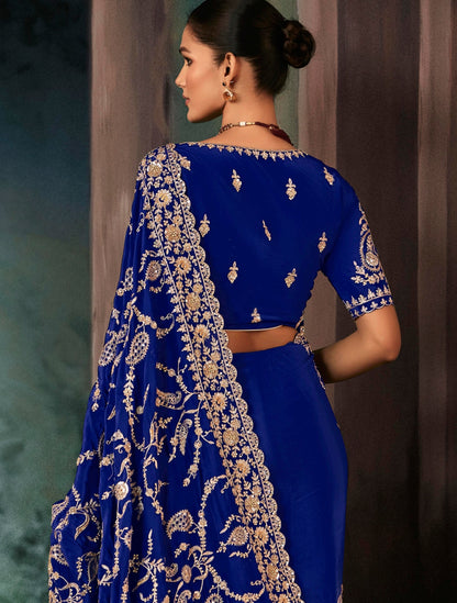Royal Blue Embroidery Silk Readymade/Easy Saree