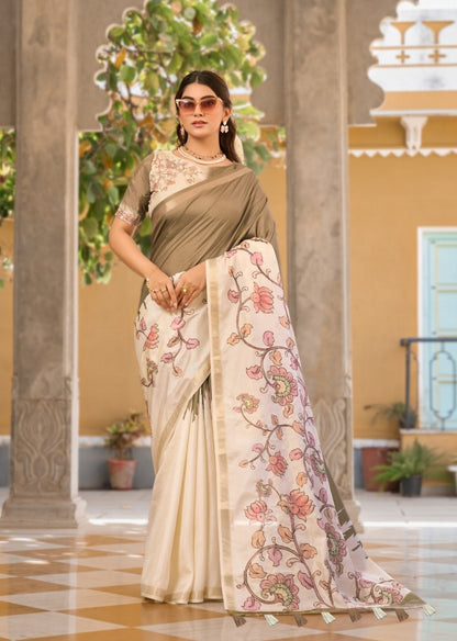 Taupe Raw Silk Readymade/Easy Saree