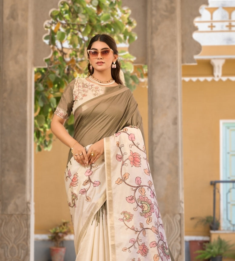 Taupe Raw Silk Readymade/Easy Saree
