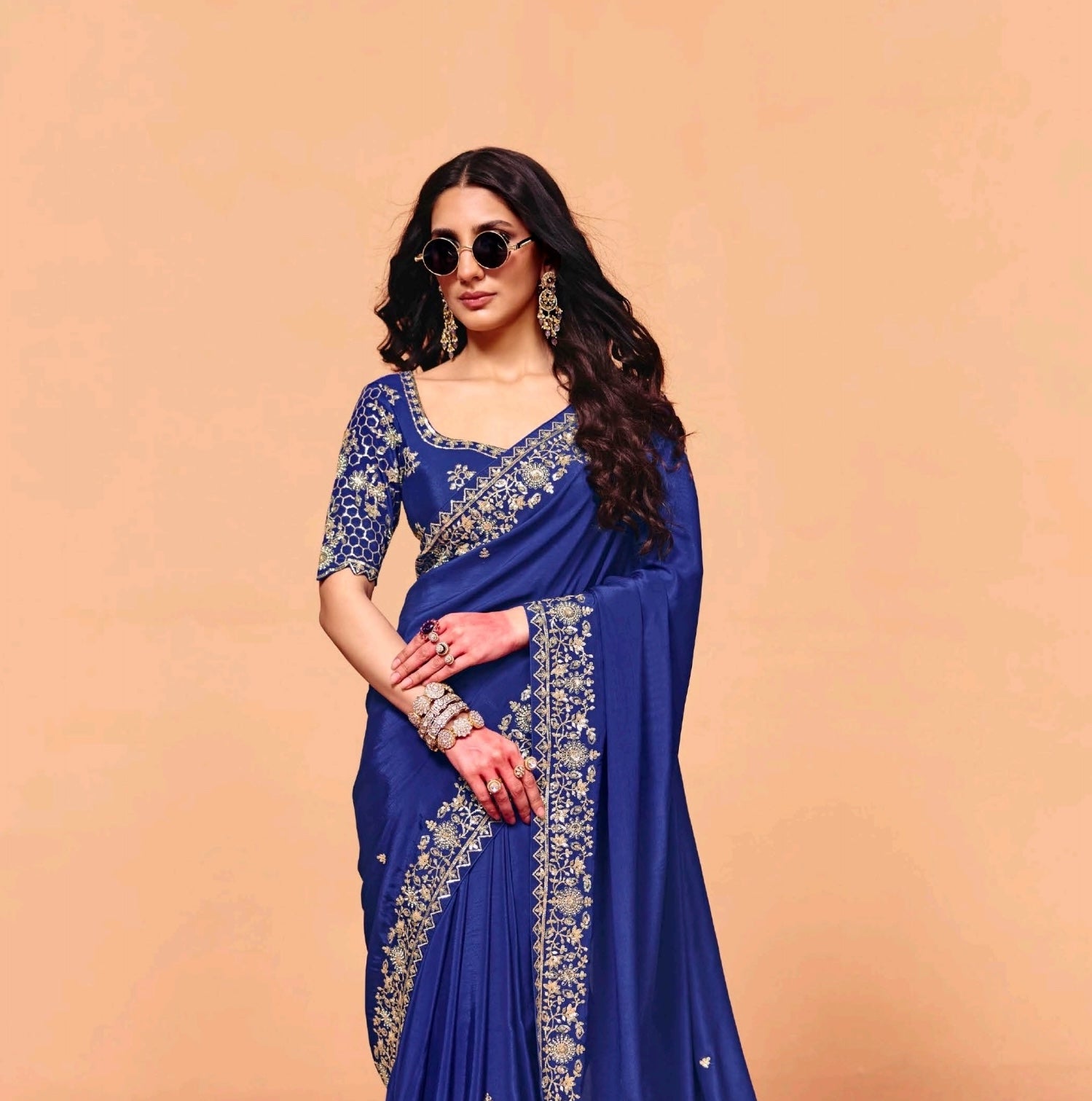 Royal Blue Tissue Silk Readymade/Easy Saree - Panaash Saree