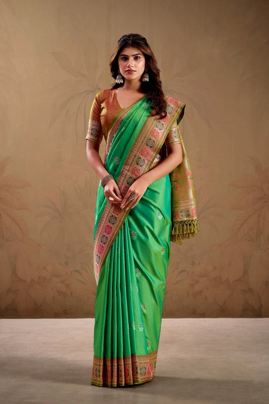 Vibrant green color Soft Silk Kanjivaram Readymade/Easy Saree