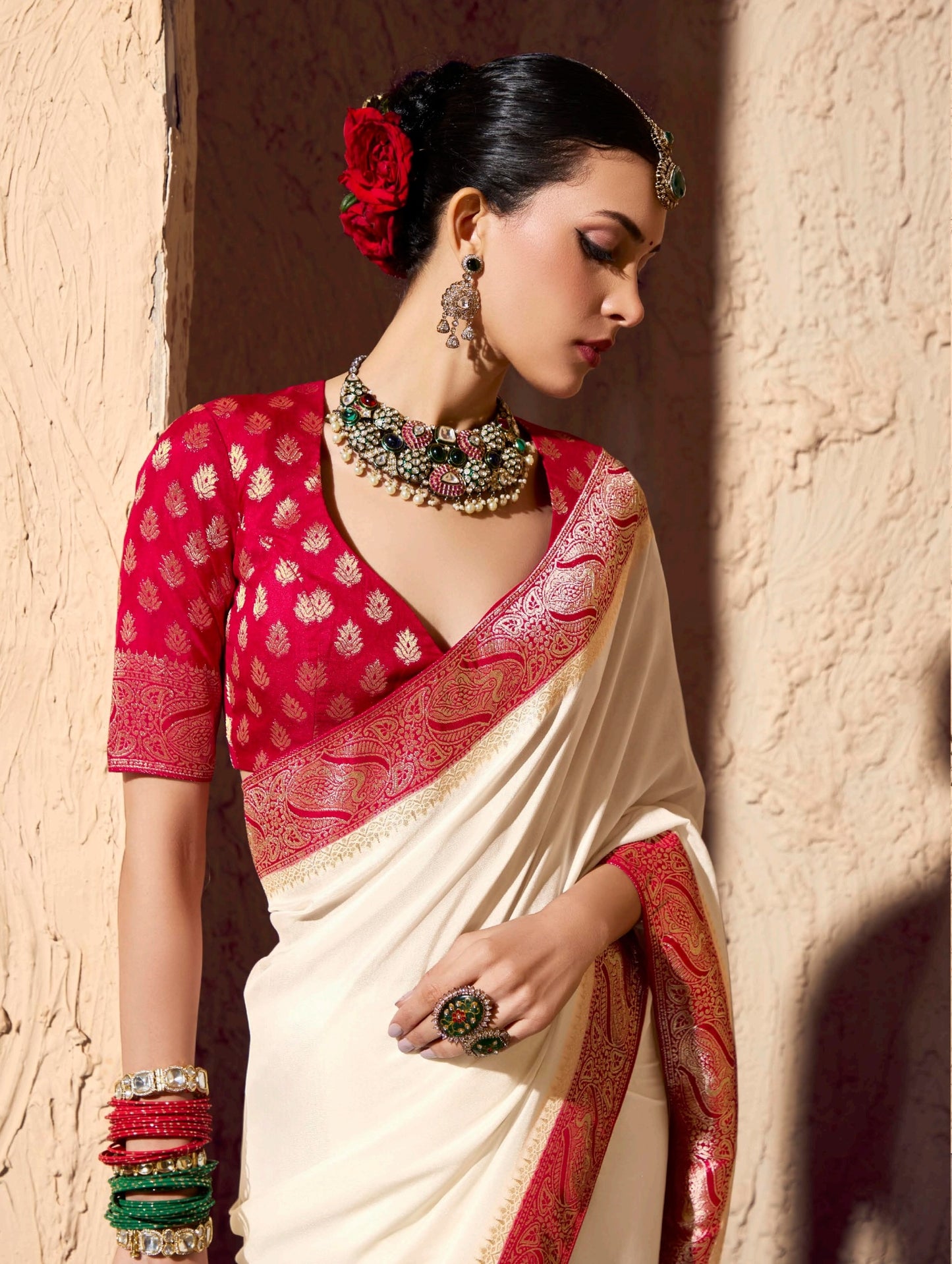 White Designer Silk Readymade/Easy Saree