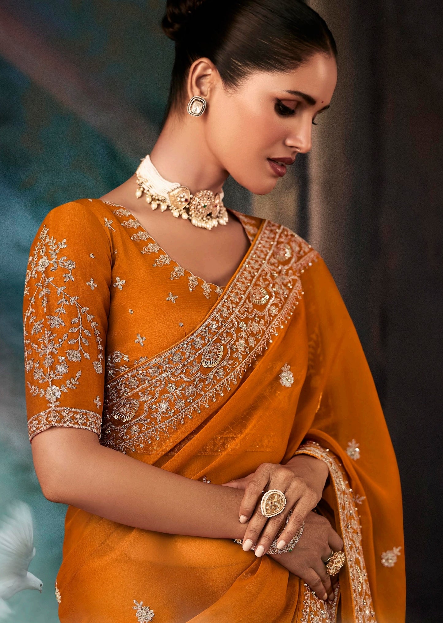 Orange Embroidery Silk Readymade/Easy Saree