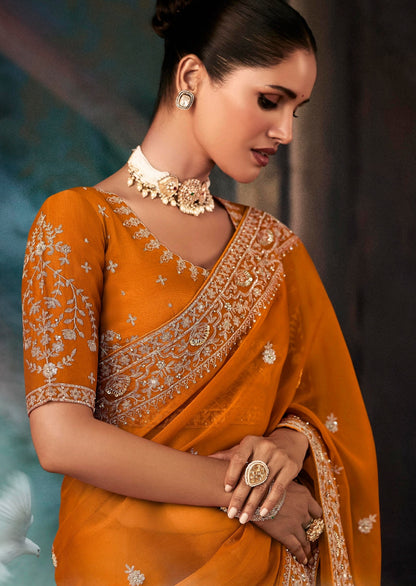 Orange Embroidery Silk Readymade/Easy Saree