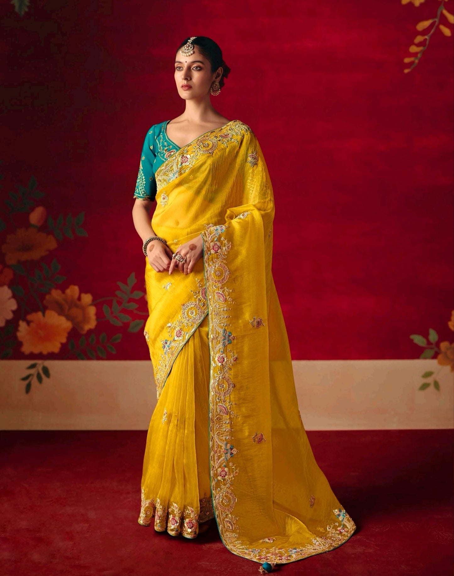 Mustard yellow Party Wear Readymade Saree