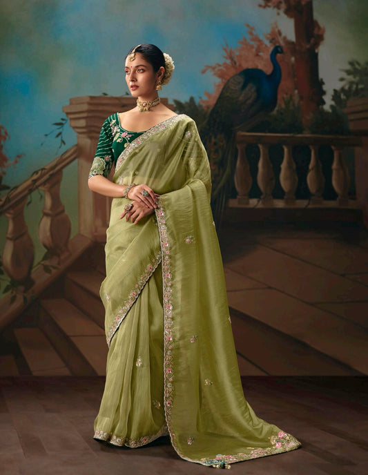 Pistachio Green Designer Silk Readymade/Easy Saree