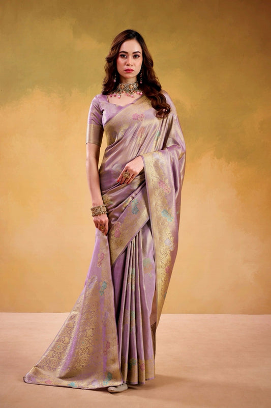 Lavender Grey Banarasi Silk Readymade/Easy Saree