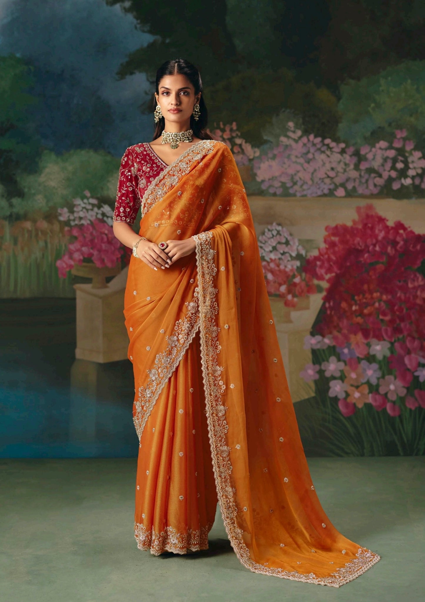 Orange Embroidery Silk Readymade/Easy Saree