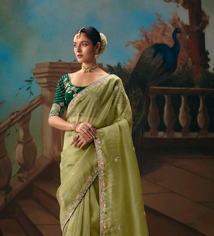 Pistachio Green Designer Silk Readymade/Easy Saree