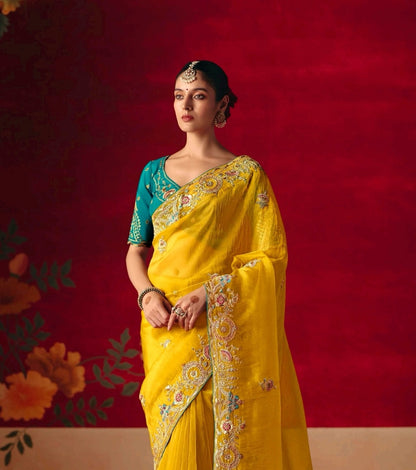 Mustard yellow Party Wear Readymade Saree