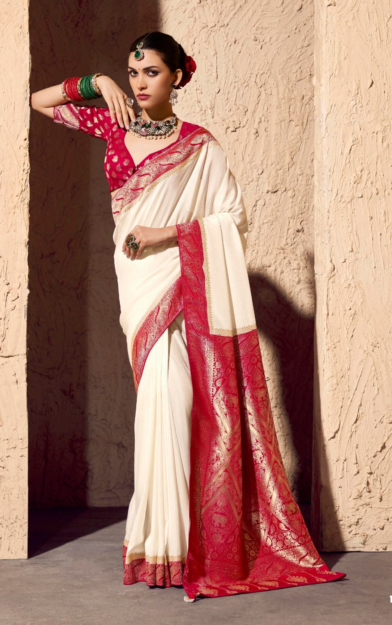 White Designer Silk Readymade/Easy Saree