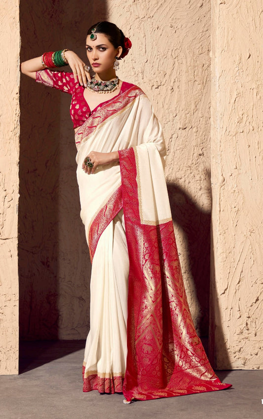 White Designer Silk Readymade/Easy Saree