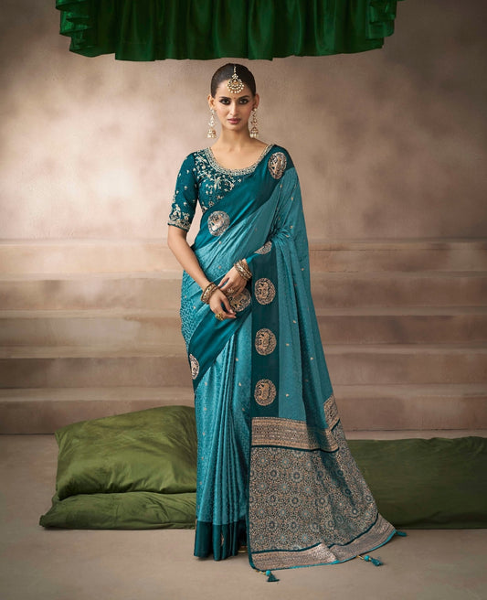 Turquoise Color Designer Kanjivaram Readymade/Easy Saree
