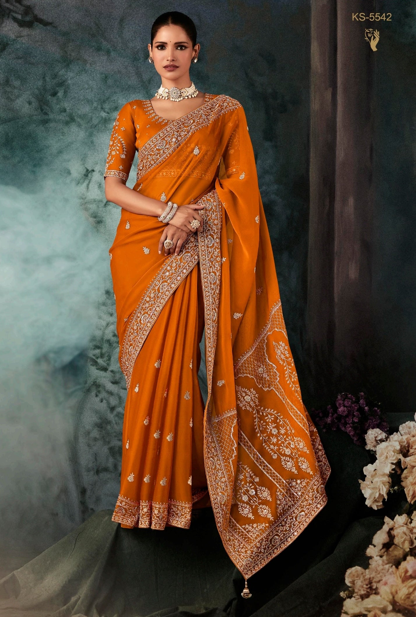 Orange Embroidery Silk Readymade/Easy Saree