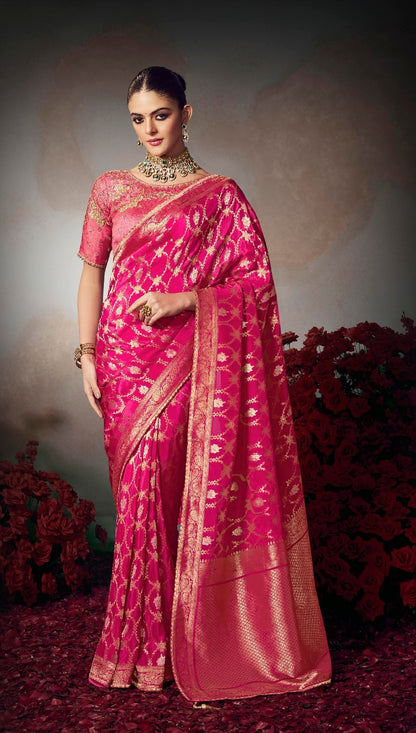 Bright Pink Designer Silk Readymade/Easy Saree