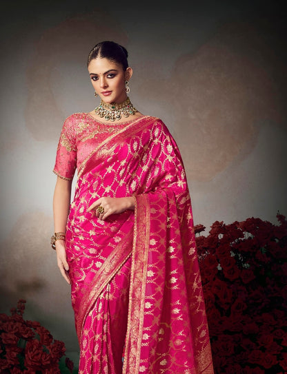 Bright Pink Designer Silk Readymade/Easy Saree