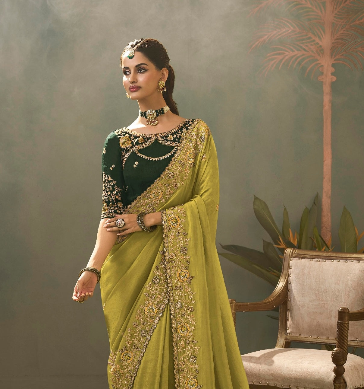 Pistachio Green Designer Silk Readymade/Easy Saree