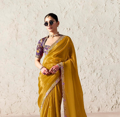 Mustard Fancy Tissue Silk Ready to wear/Easy Saree - Panaash Saree