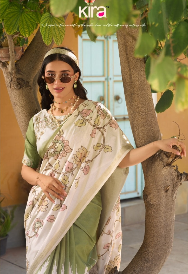 Leaf Green Raw Silk Readymade/Easy Saree