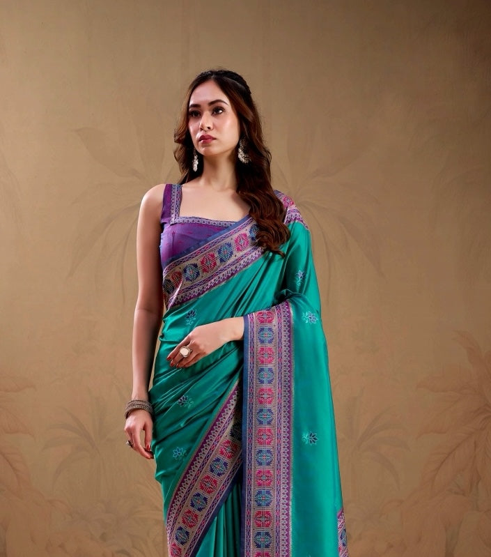 Teal Green Soft Silk Kanjivaram Readymade/Easy Saree